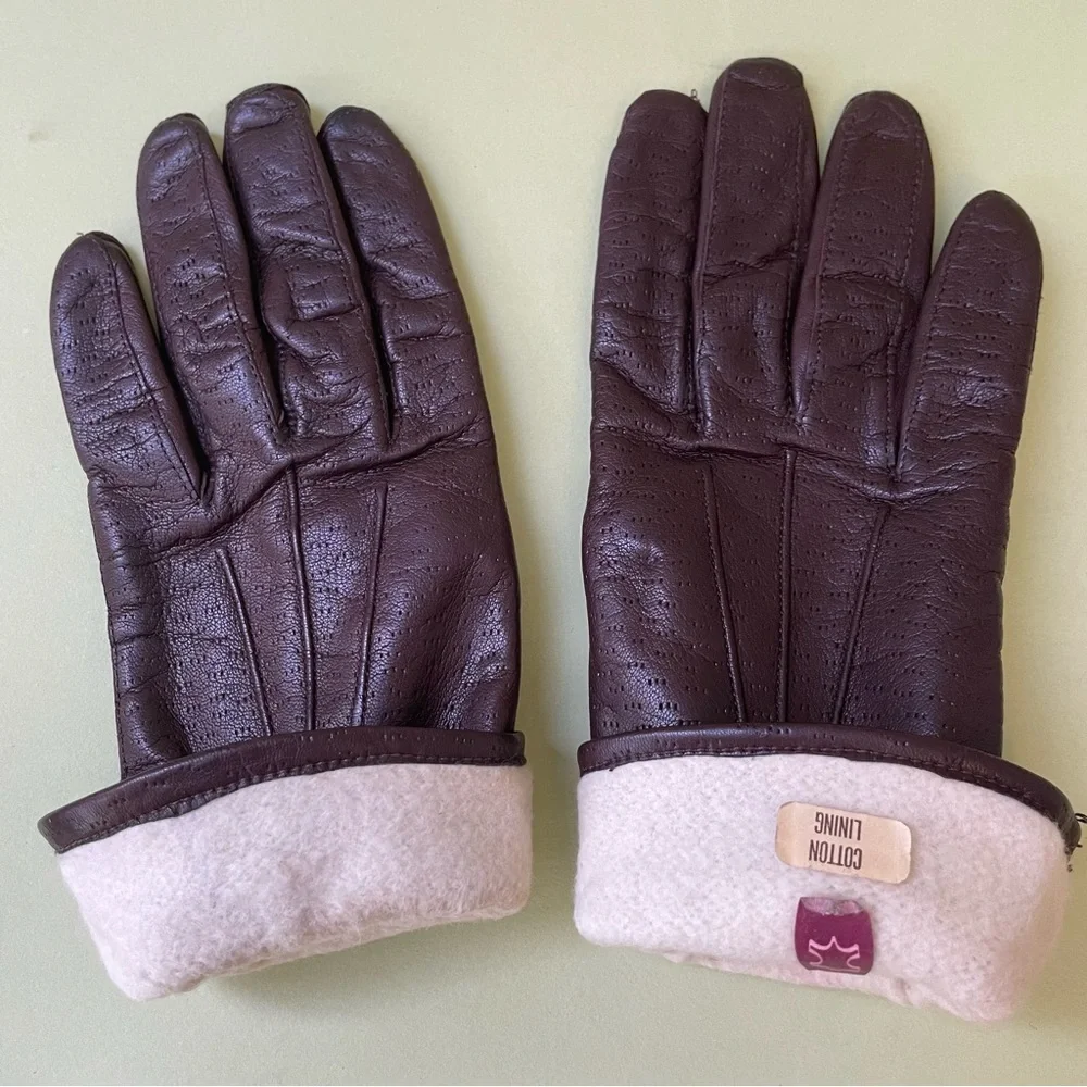 Vintage dark brown leather gloves with cotton lining